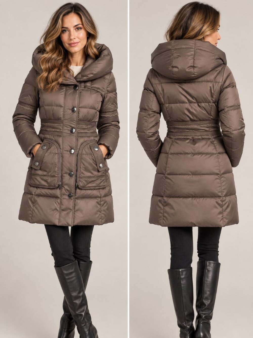 MEXX 50% Down Feather Long Puffer Coat Hooded Taupe XS EU 32